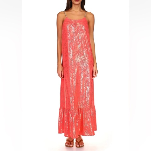 MICHAEL MICHAEL KORS SANGRIA Maxi Chain Dress Printed Sz Medium Orange and Gold - Picture 2 of 12